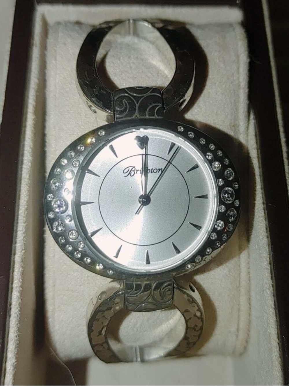 Brighton Watch Cuff Bracelet Silver Tone Crystal Accents Roman Numerals Womens